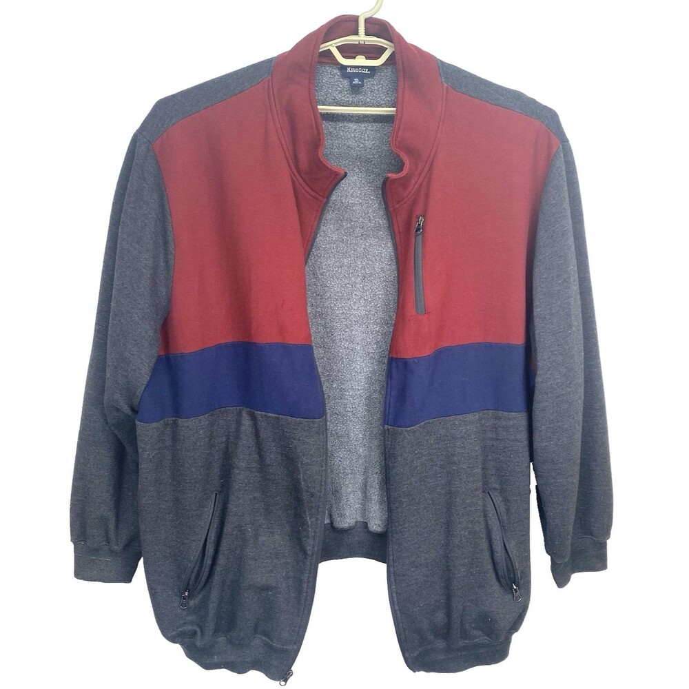 King Size Brand Me Size 4XL Tall Fleece Jacket Full Zip Blue Grey Red Colorblock